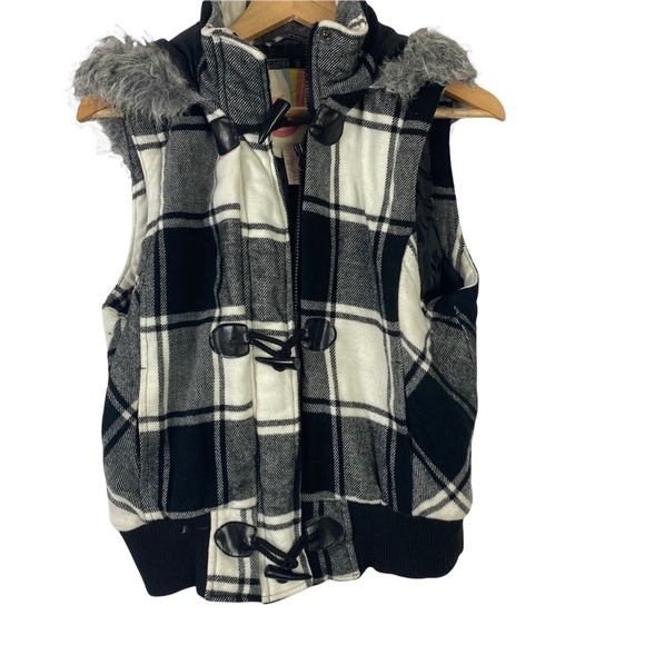 Op Womens Jrs XL Flannel Puffer Vest Zip & Button Up Black White Hooded - Picture 2 of 9